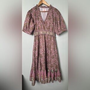 NWT Victoria Dunn Mauve Floral Block Print Cotton Dress XL Boho Tiered Midi